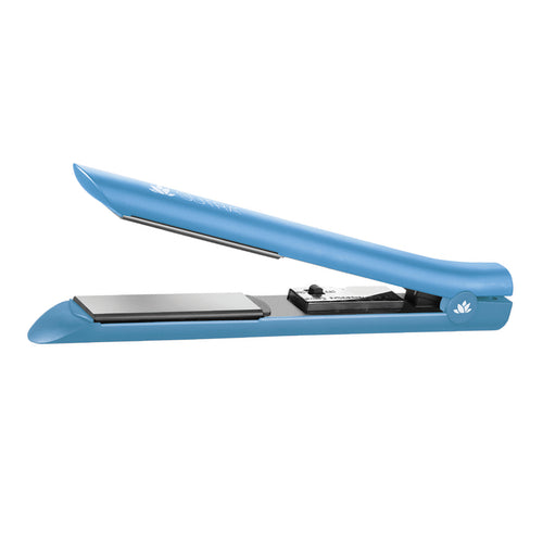 light-blue-ceramic-flat-iron-black-ceramic-plates-temperature-control-settings-power-switch-on-white-background