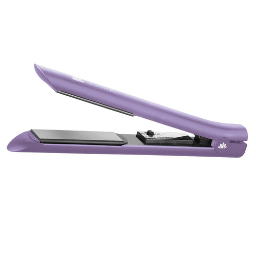 lavender-ceramic-flat-iron-black-ceramic-plates-temperature-control-settings-power-switch-on-white-background