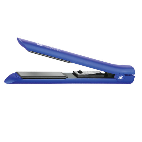 Royal-blue-ceramic-flat-iron-black-ceramic-plates-temperature-control-settings-power-switch-on-white-background