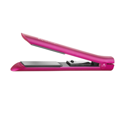 Hot-pink-ceramic-flat-iron-black-ceramic-plates-temperature-control-settings-power-switch-on-white-background