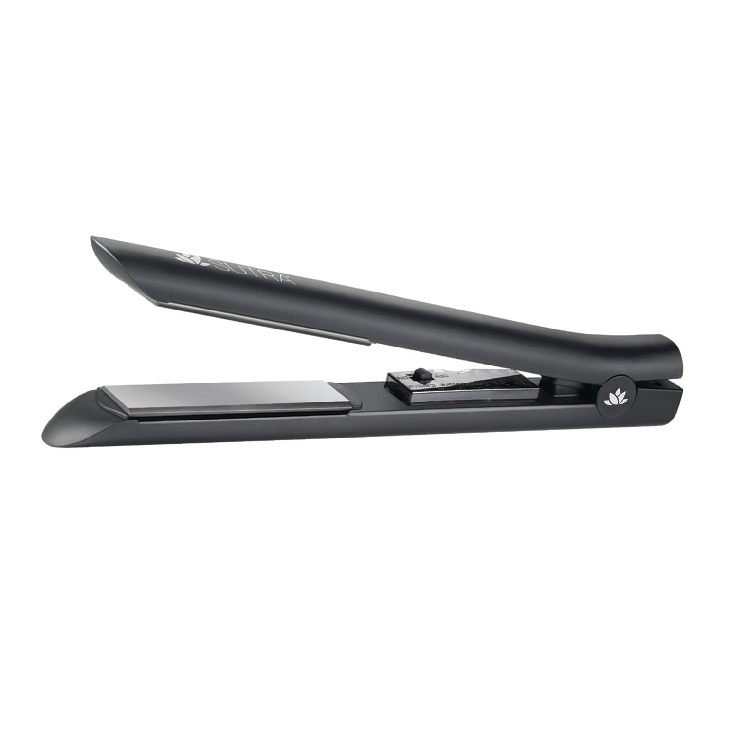 black-ceramic-flat-iron-black-ceramic-plates-temperature-control-settings-power-switch-on-white-background
