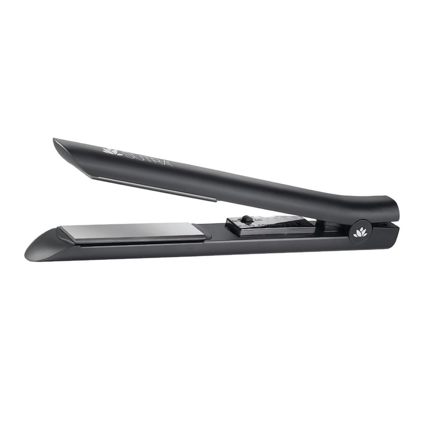 black-ceramic-flat-iron-black-ceramic-plates-temperature-control-settings-power-switch-on-white-background