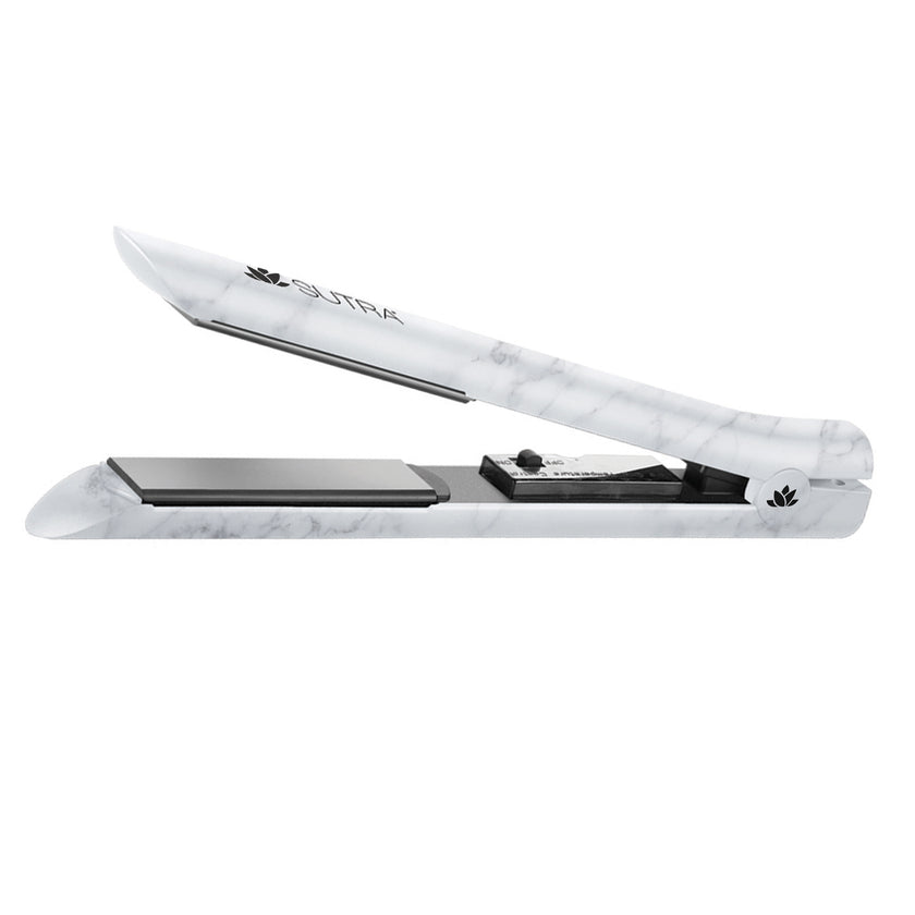 Marble-ceramic-flat-iron-black-ceramic-plates-temperature-control-settings-power-switch-on-white-background