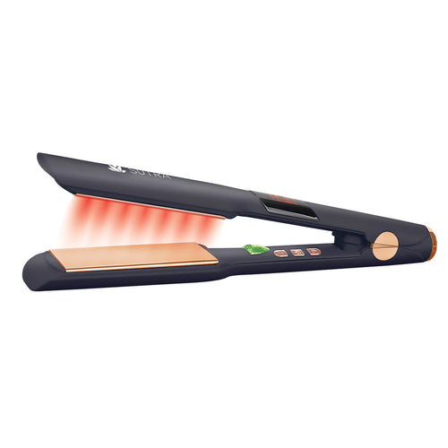 A black flat iron, measuring one and a half inches, with an infrared light inside, gold details, and a digital display on a white background
